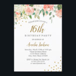 Invitación Fiesta de cumpleaños 16 de Peach Gold Watercolor F<br><div class="desc">Más invitaciones florales de cumpleaños en la Pequeña Tienda Bayleigh!</div>