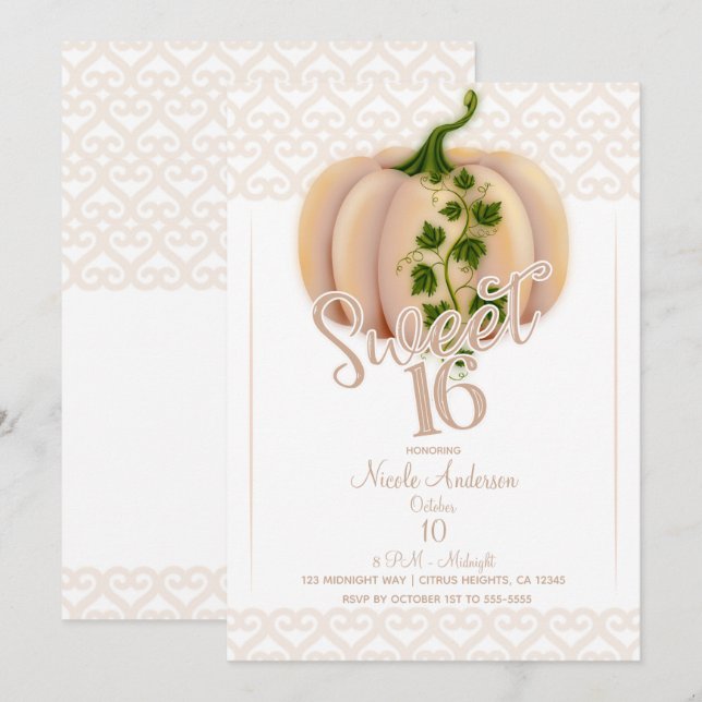 Invitación Fiesta de cumpleaños 16 de Peach Rubor Pumpkin Fal (Anverso / Reverso)