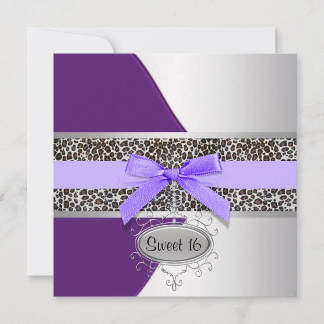 Invitación Fiesta de cumpleaños 16 de Purple Leopard Sweet (Anverso)