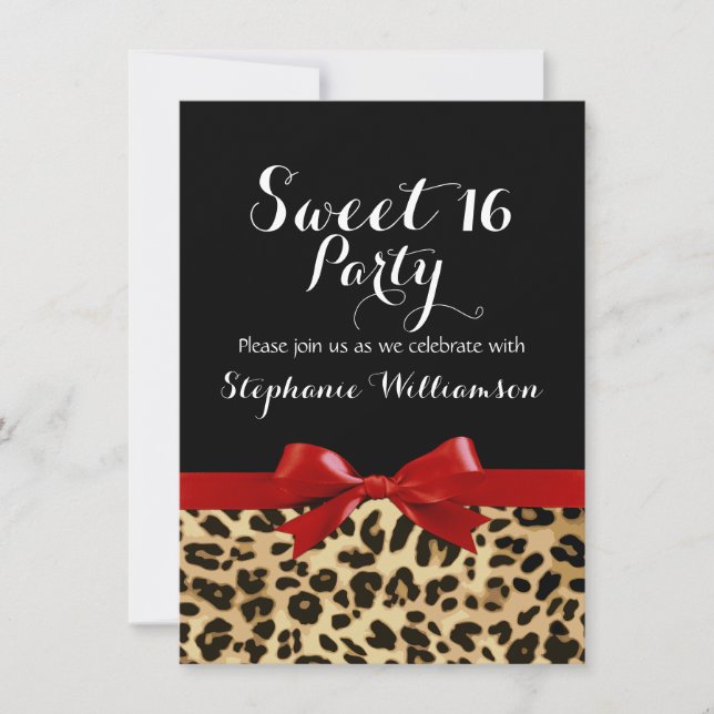 Invitación Fiesta de cumpleaños 16 de Red Bow Leopard Print S (Anverso)