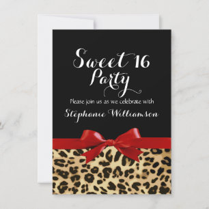 Invitación Fiesta de cumpleaños 16 de Red Bow Leopard Print S