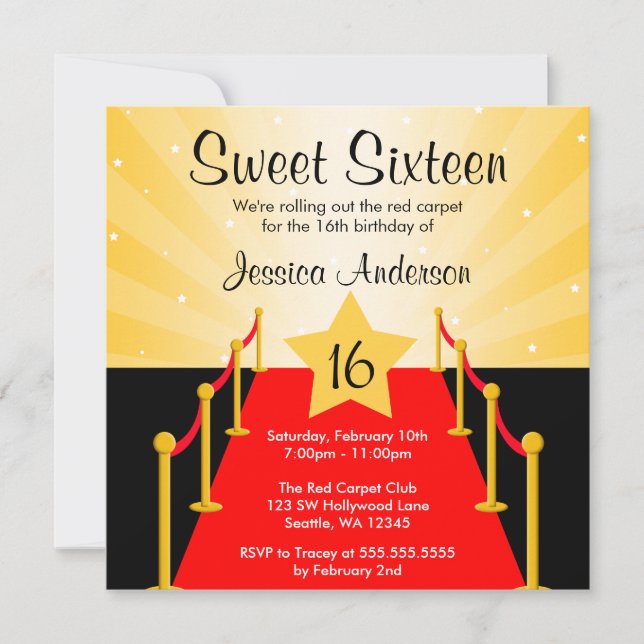 Invitación Fiesta de cumpleaños 16 de Red Carpet Hollywood Sw (Anverso)