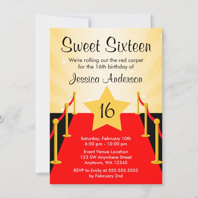 Invitación Fiesta de cumpleaños 16 de Red Carpet Hollywood Sw (Anverso)