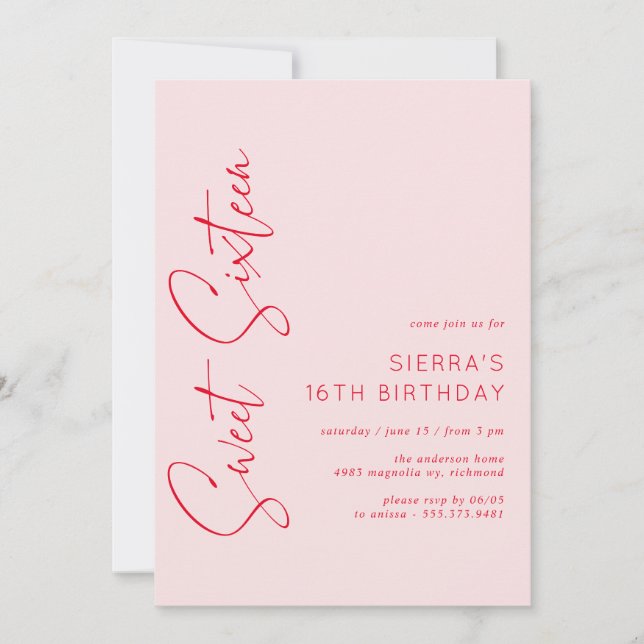 Invitación Fiesta de cumpleaños 16 de Rubor con guión rojo ro (Anverso)