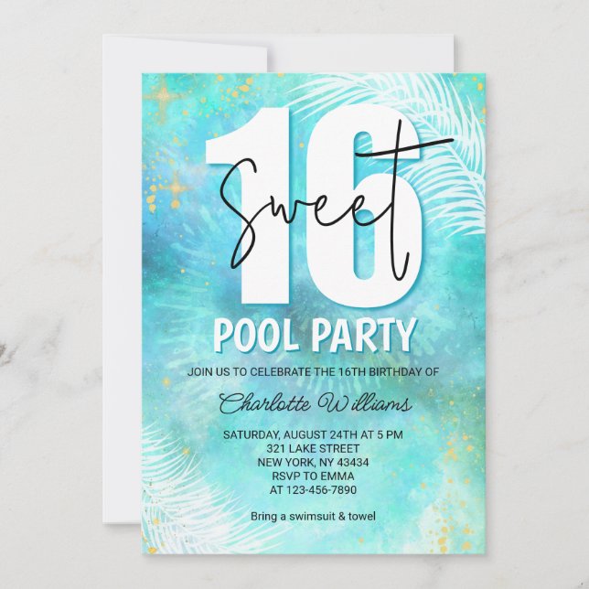 Invitación Fiesta de Cumpleaños 16 de Teal Sweet, Piscina (Anverso)