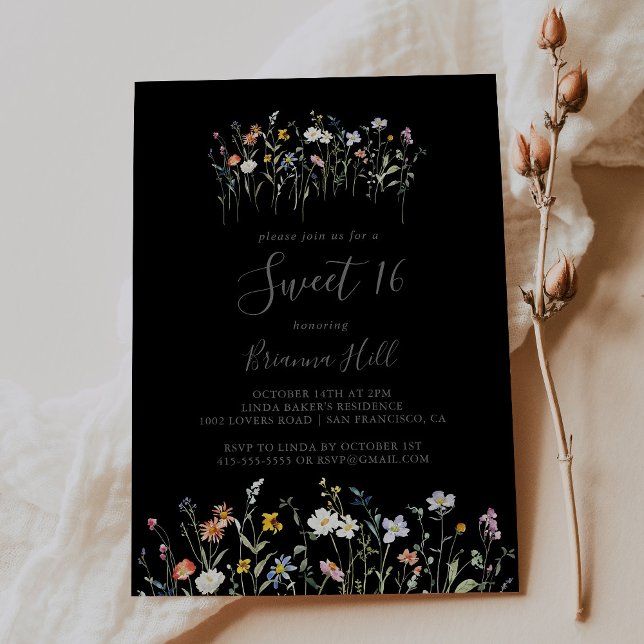 Invitación Fiesta de cumpleaños 16 de Wild Floral Black Sweet (Subido por el creador)