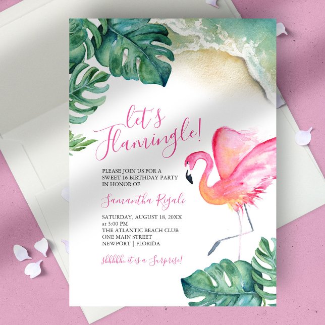 Invitación Fiesta de cumpleaños 16 del Flamingo Rosado Tropic (birthday party sweet 16 tropical luau pink flamingo green monstera palm leaves ocean waves)