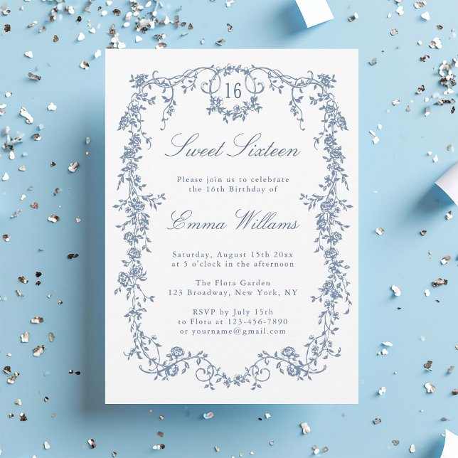 Invitación Fiesta de cumpleaños 16 del marco floral azul fran (Subido por el creador)