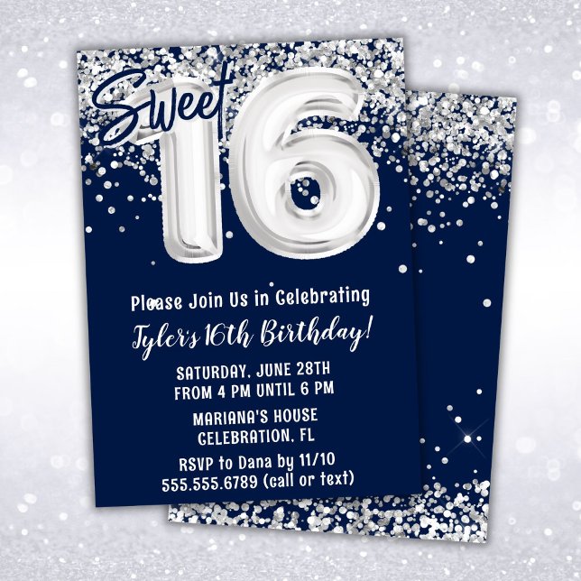 Invitación Fiesta de cumpleaños 16 dulce azul marino plata (Subido por el creador)