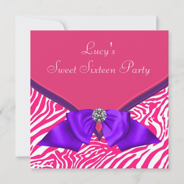 Invitación Fiesta de Cumpleaños 16 Dulce Cebra Rosa Caliente  (Anverso)