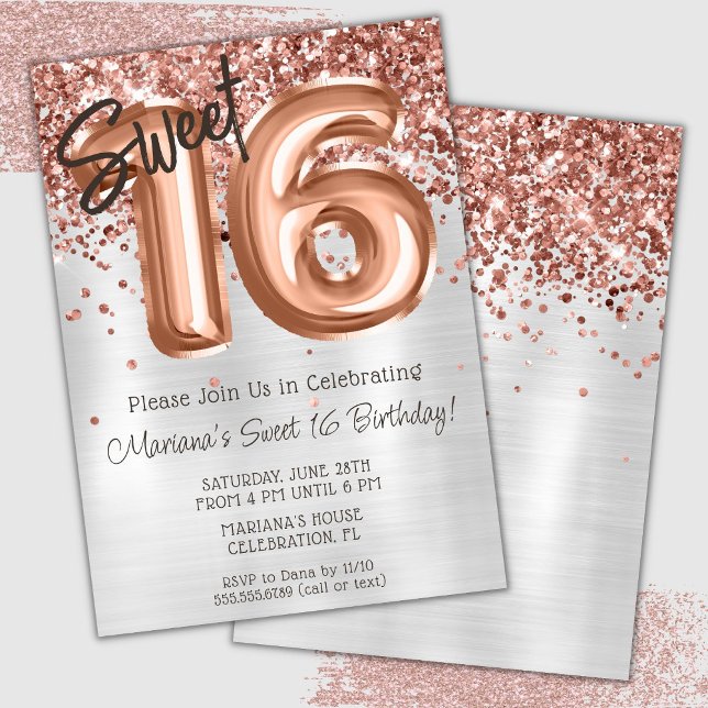 Invitación Fiesta de cumpleaños 16 dulce de plata y oro rosa (Subido por el creador)