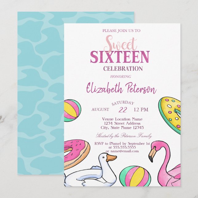 Invitación Fiesta de Cumpleaños 16 Dulce Flamingo Rosa de Ver (Anverso / Reverso)