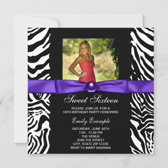 Invitación Fiesta de Cumpleaños 16 Dulce Foto de Cebra Morada (Anverso)