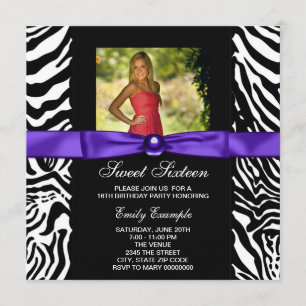 Invitación Fiesta de Cumpleaños 16 Dulce Foto de Cebra Morada