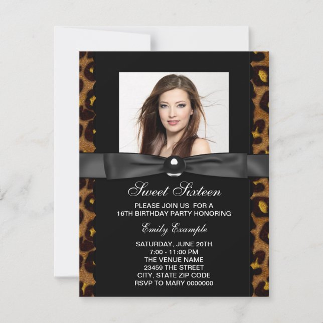 Invitación Fiesta de cumpleaños 16 dulce foto de leopardo (Anverso)