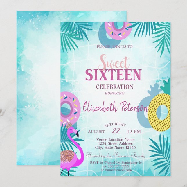 Invitación Fiesta de Cumpleaños 16 Dulce Piscina de Verano de (Anverso / Reverso)