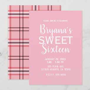 Invitación Fiesta de Cumpleaños 16 Dulce Plaid Rosa Chic Prep