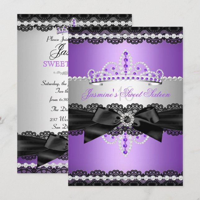 Invitación Fiesta de cumpleaños 16 dulce púrpura encaje negro (Anverso / Reverso)