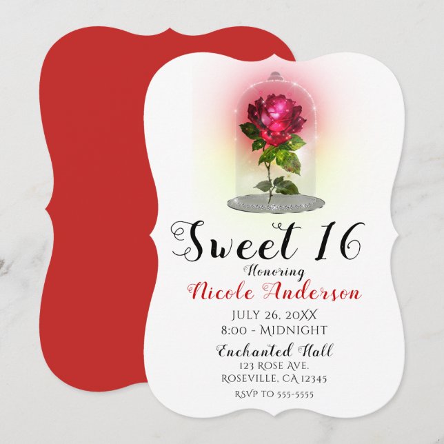 Invitación Fiesta de Cumpleaños 16 Dulces Rosa Roja Encantada (Anverso / Reverso)