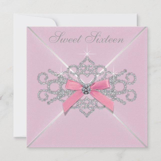 Invitación Fiesta de cumpleaños 16 dulces rosados Diamantes B (Anverso)