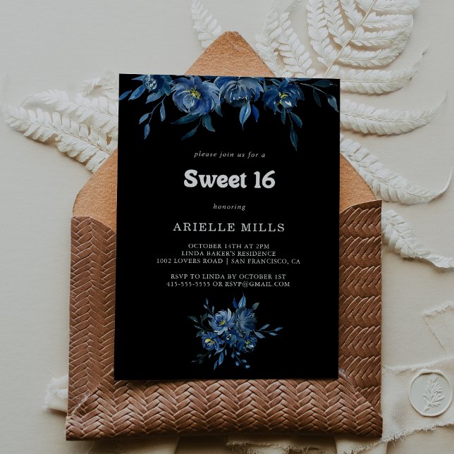 Invitación Fiesta de cumpleaños 16 dulces Royal Navy azul flo (Subido por el creador)