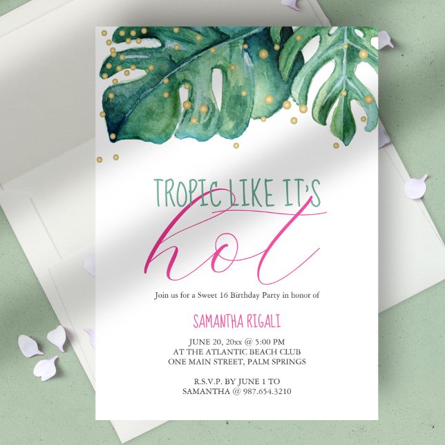Invitación Fiesta de Cumpleaños 16 Dulces Tema Luau (birthday party sweet 16 tropical luau vibrant pink and green monstera palm leaves)