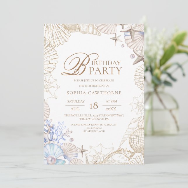 Invitación Fiesta de cumpleaños 16 en la playa con conchas ma (Anverso de pie)