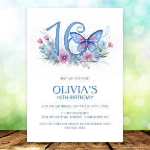 Invitación Fiesta de cumpleaños 16 Floral Butterfly Azul