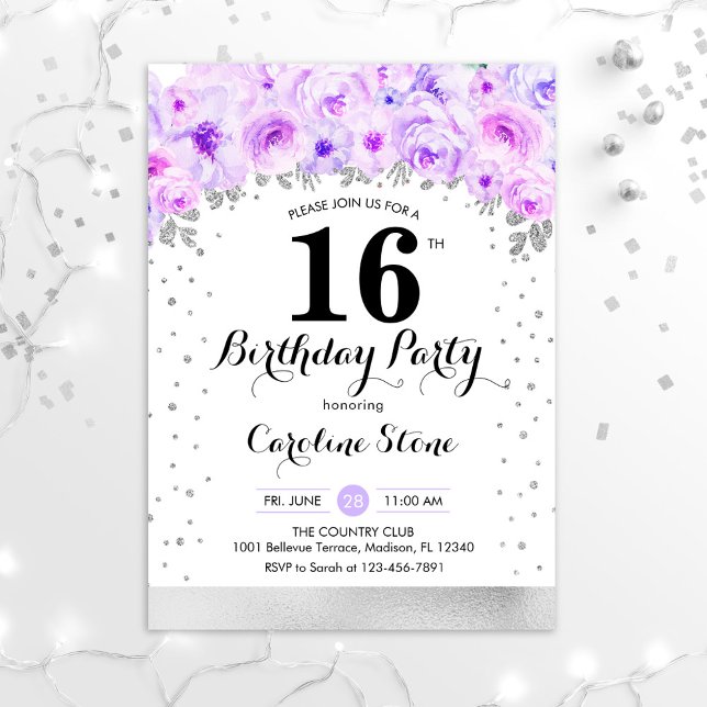 Invitación Fiesta de cumpleaños 16 - Flores moradas plateadas (Subido por el creador)