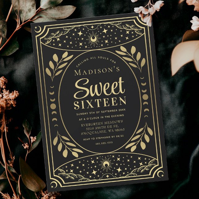 Invitación Fiesta de cumpleaños 16 Gold Tarot Witchy Sweet (Subido por el creador)