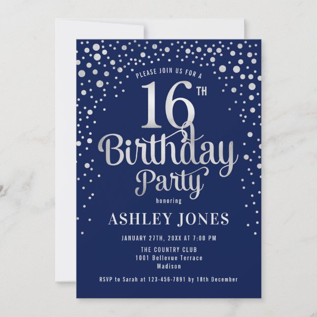 Invitación Fiesta de cumpleaños 16 - Marina y plata (Anverso)