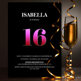 Invitación Fiesta de cumpleaños 16 minimalista negro y rosa