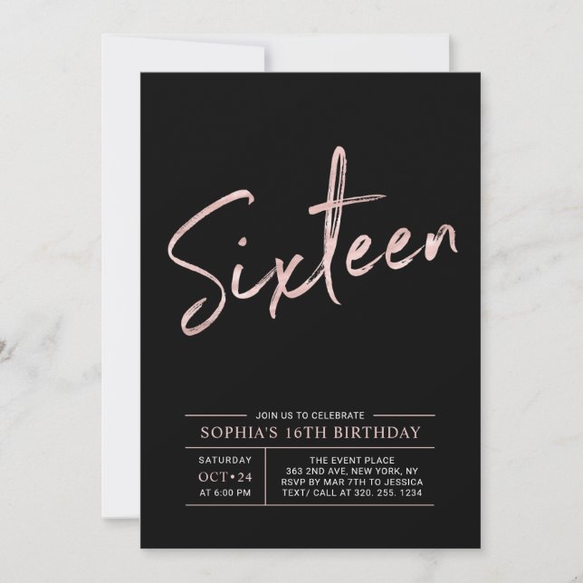 Invitación Fiesta de cumpleaños 16 moderno rosa oro y negro (Anverso)