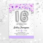 Invitación Fiesta de cumpleaños 16 - Morado de globos platead<br><div class="desc">16.ª invitación a la fiesta de cumpleaños. Elegante diseño en una falsa plata purpurina con acento floral. Tarjeta invitada con 16 globos plateados,  fuente de guión con confeti. Pastel morado,  lavanda y blanco. Perfecto para una elegante celebración del 16º cumpleaños. Mándame un mensaje si necesitas edad personalizado.</div>