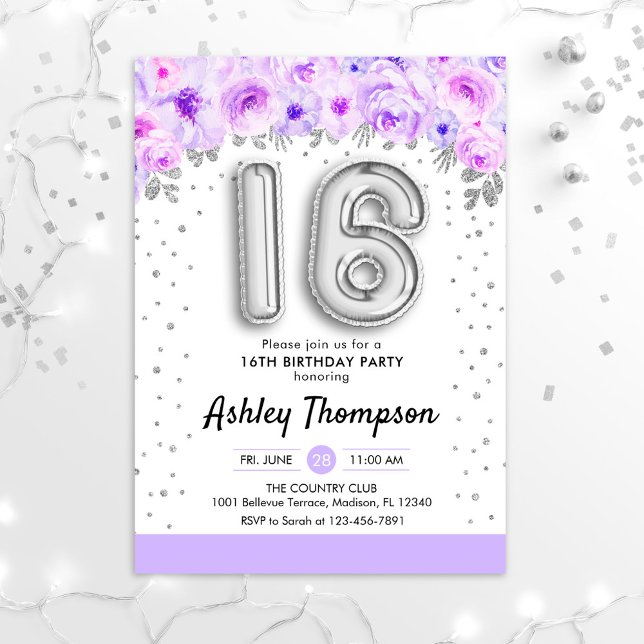Invitación Fiesta de cumpleaños 16 - Morado de globos platead (Subido por el creador)