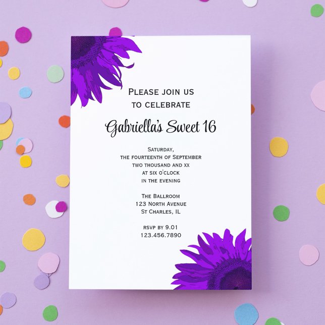 Invitación Fiesta de cumpleaños 16 Morple Sunflower Sweet (Subido por el creador)