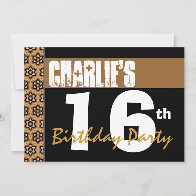Invitación Fiesta de cumpleaños 16: Oro negro moderno 2B6 (Anverso)