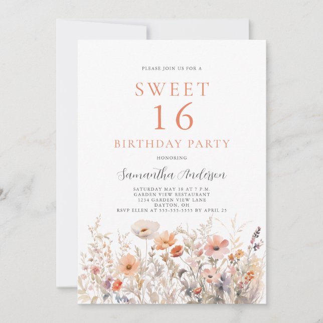 Invitación Fiesta de cumpleaños 16 Peach Floral Sweet (Anverso)