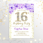 Invitación Fiesta de cumpleaños 16 - Púrpura de oro blanco<br><div class="desc">16ª Invitación a la Fiesta de Cumpleaños Diseño elegante en oro falso purpurina,  morado y blanco. Elegante invitación floral con diamantes y rosas. Perfecto para una celebración de glam. Por favor,  envíeme un mensaje si necesita más personalización.</div>