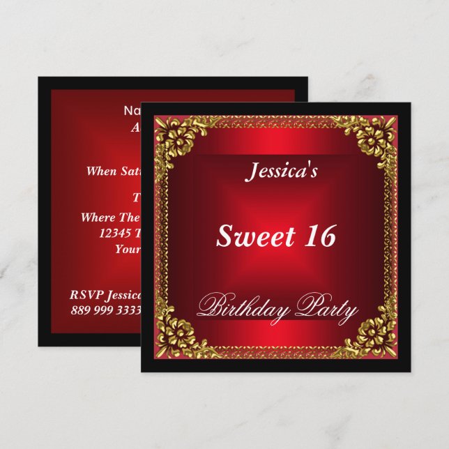 Invitación Fiesta de cumpleaños 16 Red Gold y Black Sweet (Anverso / Reverso)