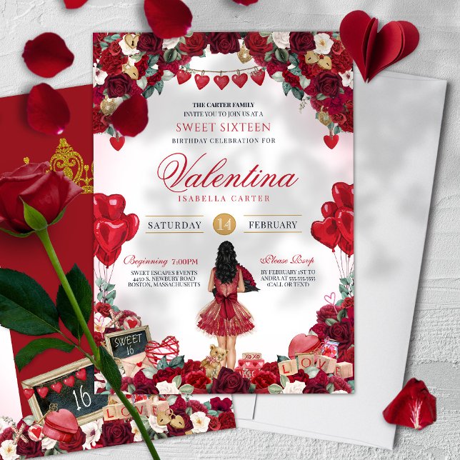 Invitación Fiesta de cumpleaños 16 Red Rose Valentine Sweet (Subido por el creador)