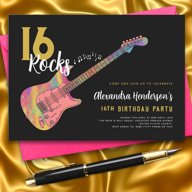 Invitación Fiesta de cumpleaños 16 Rock and Roll (Rock and roll 16th birthday party black and gold invitation )