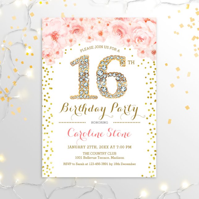 Invitación Fiesta de cumpleaños 16 - Rosa de oro blanco (Subido por el creador)