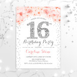 Invitación Fiesta de cumpleaños 16 - Rosa Plata Blanca<br><div class="desc">16.ª invitación para chica. Elegante diseño floral en finos colores purpurina plateado y blanco. Presenta madera de diamante,  rosas rosas rosas de color rosa y confeti. Perfecto para una celebración de 16 días de glam dulce.</div>