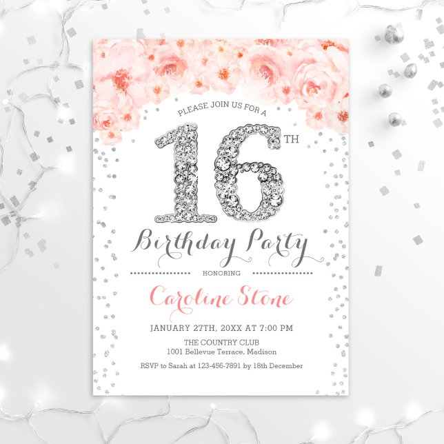 Invitación Fiesta de cumpleaños 16 - Rosa Plata Blanca (Subido por el creador)