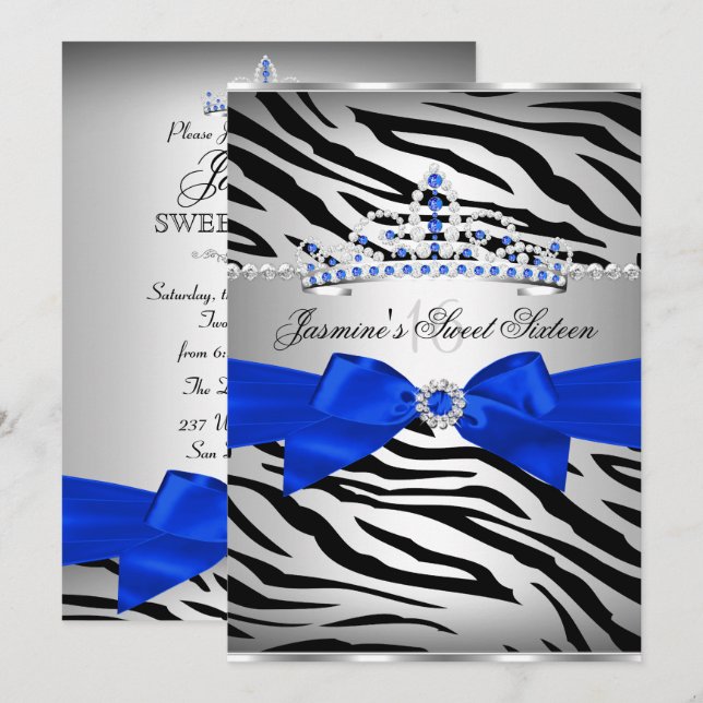 Invitación Fiesta de cumpleaños 16 Royal Blue & Black Zebra S (Anverso / Reverso)