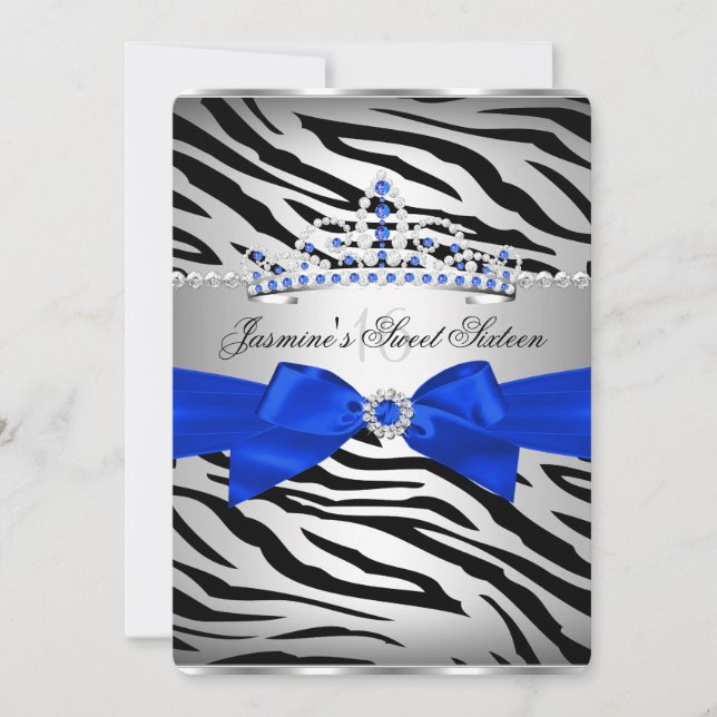 Invitación Fiesta de cumpleaños 16 Royal Blue & Black Zebra S (Anverso)
