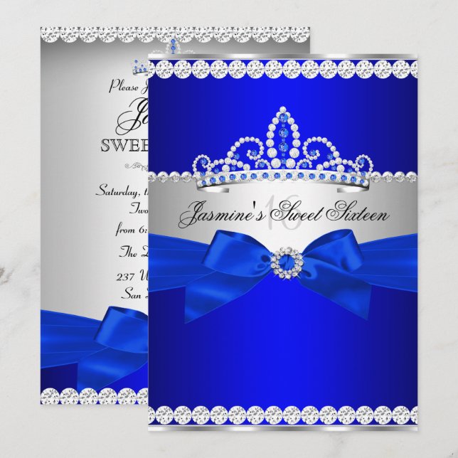 Invitación Fiesta de cumpleaños 16 Royal Blue & Silver Sweet (Anverso / Reverso)