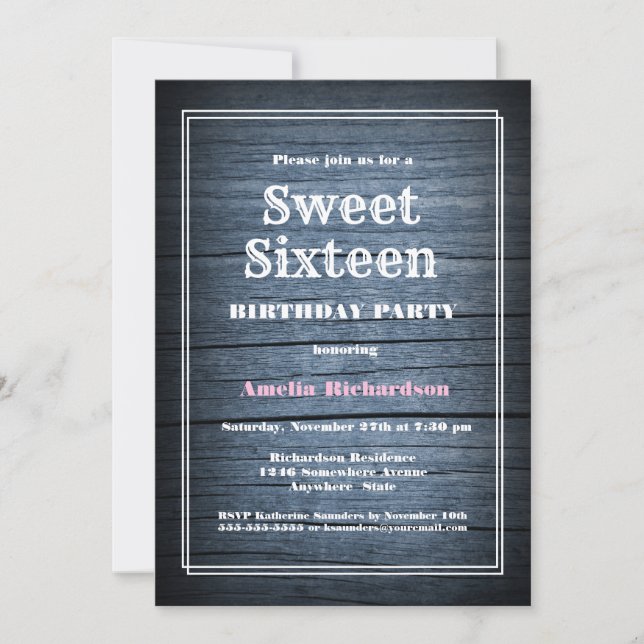 Invitación Fiesta de cumpleaños 16 Rustic Blue Barn Wood Swee (Anverso)