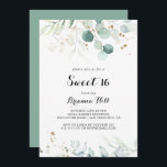 Invitación Fiesta de cumpleaños 16 Rustic Gold Floral Sweet<br><div class="desc">Esta rústica invitación floral de oro dulce de 16 cumpleaños es perfecta para un simple cumpleaños. Este diseño artístico presenta una floración dorada a mano y eucaliptos de color agua,  un follaje verde inspirador de la belleza natural.</div>